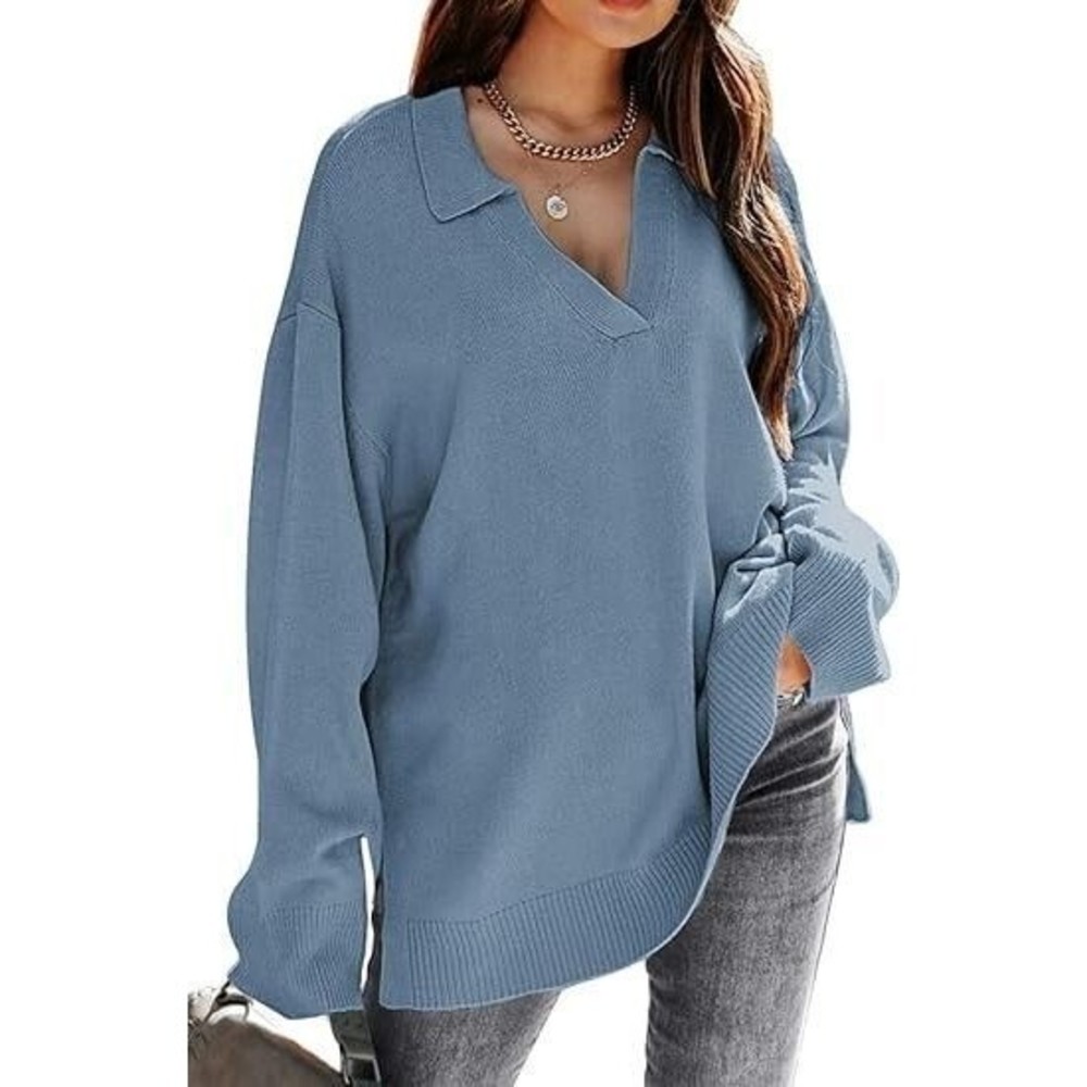Lillusory Tunic Sweater Women's Small Collared Oversized Knit Pullover Blue